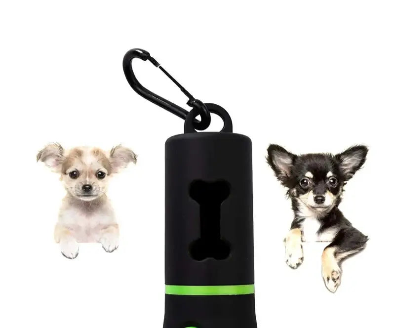 LED dog poop bag dispenser with two small dogs on either side, highlighting nighttime walking safety.