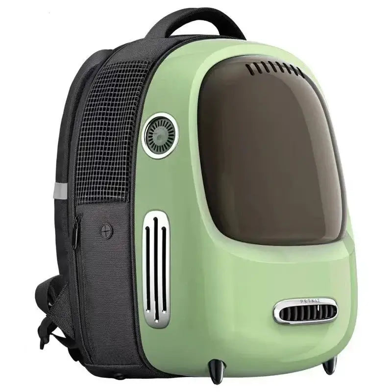 Stylish green pet travel backpack designed for comfort and safety during journeys.