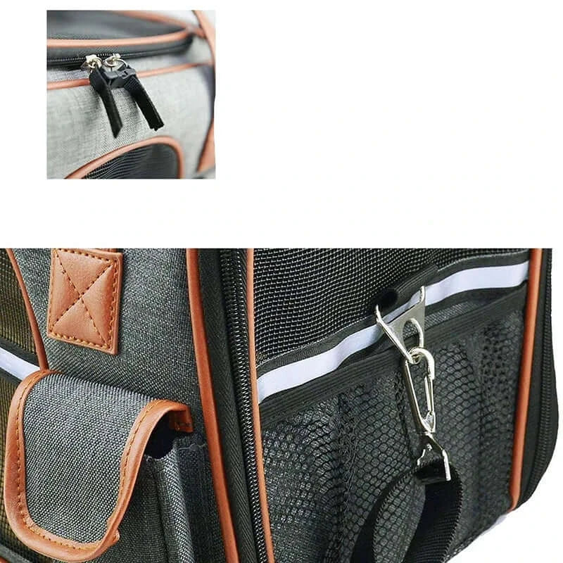 Close-up of pet carrier zipper and clip features, showcasing stylish design and convenience for pet travel.