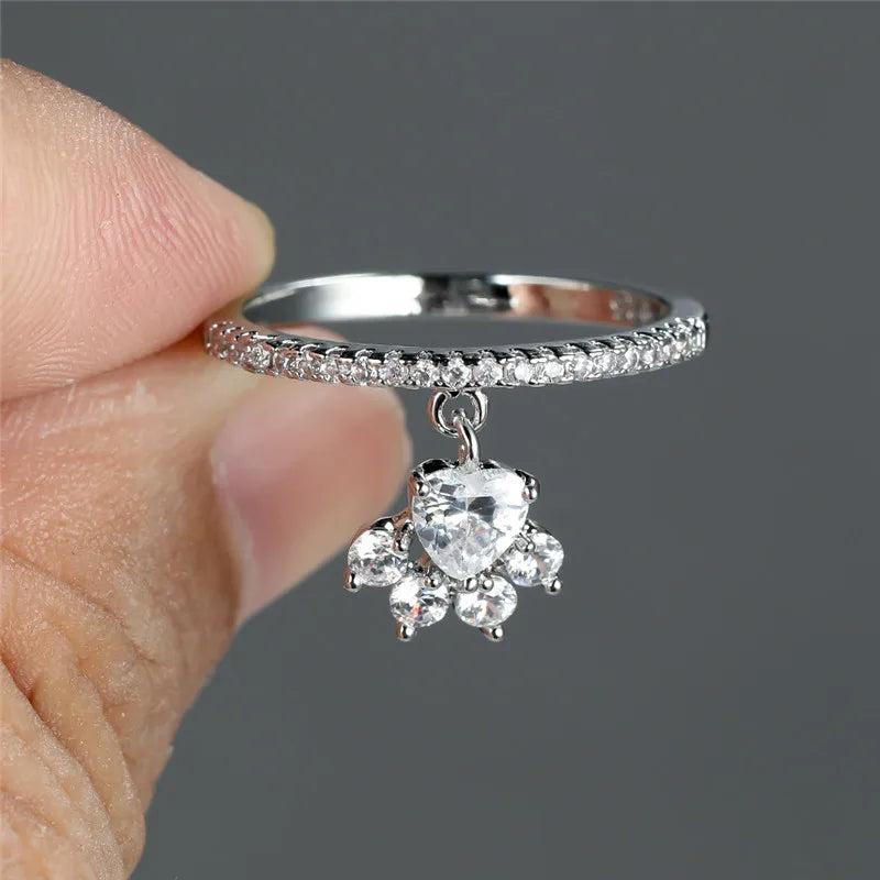 Vintage Gold Silver Color Animal Footprint Ring Cute Cat Paw Dog Claw Pendant Ring White Zircon Love Heart Stone Rings For Women