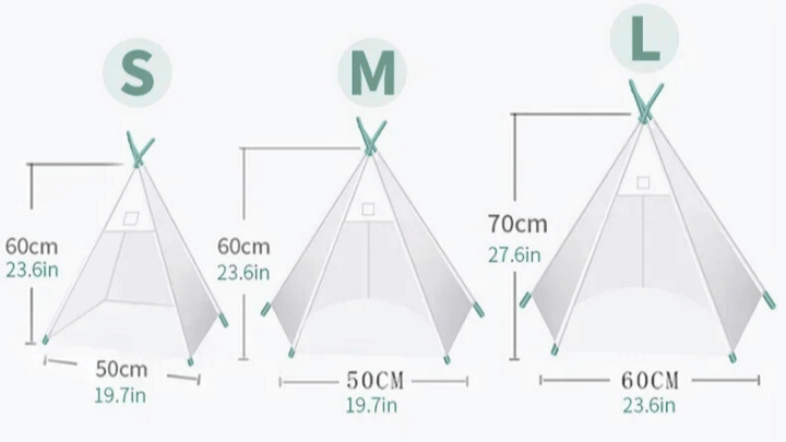 Size chart for Littlepawgive Pet Teepee Tent in small, medium, and large for indoor puppy and cat house.