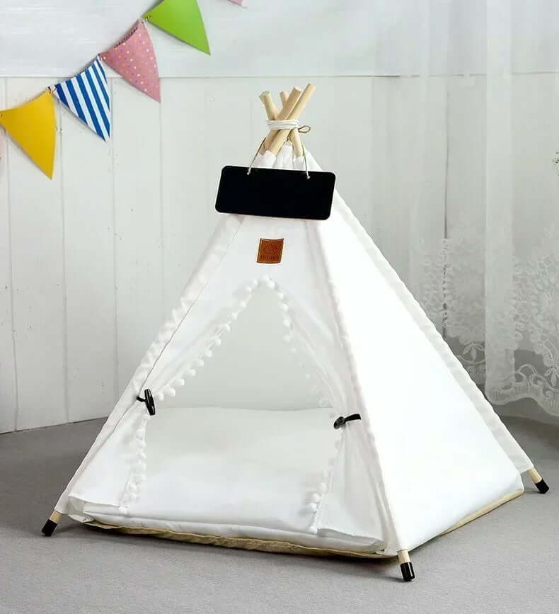 Littlepawgive Pet Teepee Tent - Indoor Puppy House & Cat Bed, providing a stylish and cozy retreat for pets with a white canvas design.