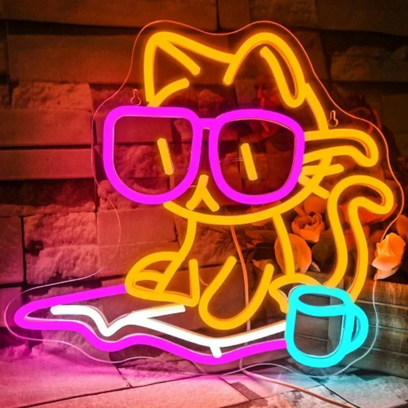 Charming Cat Reading Neon Sign - Perfect Wall Decor