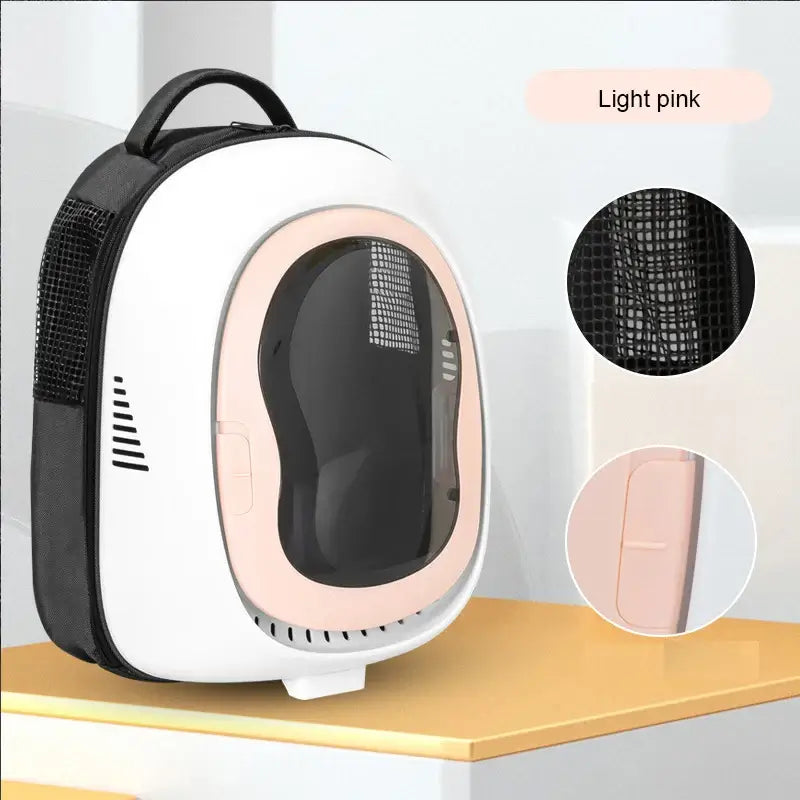 Space Capsule Cat Backpack in light pink, featuring a transparent window and breathable mesh design for comfort.
