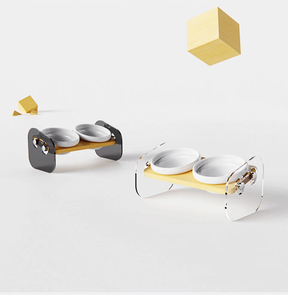 Ceramic Pet Bowl with Anti-Spill Wood Stand