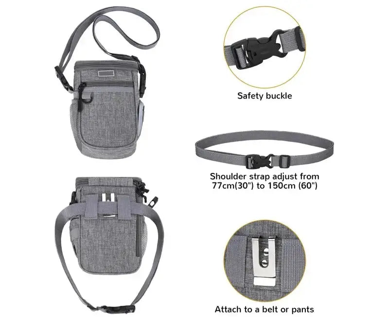 Adjustable waterproof dog treat bag with safety buckle and attachable shoulder strap for convenient walks.