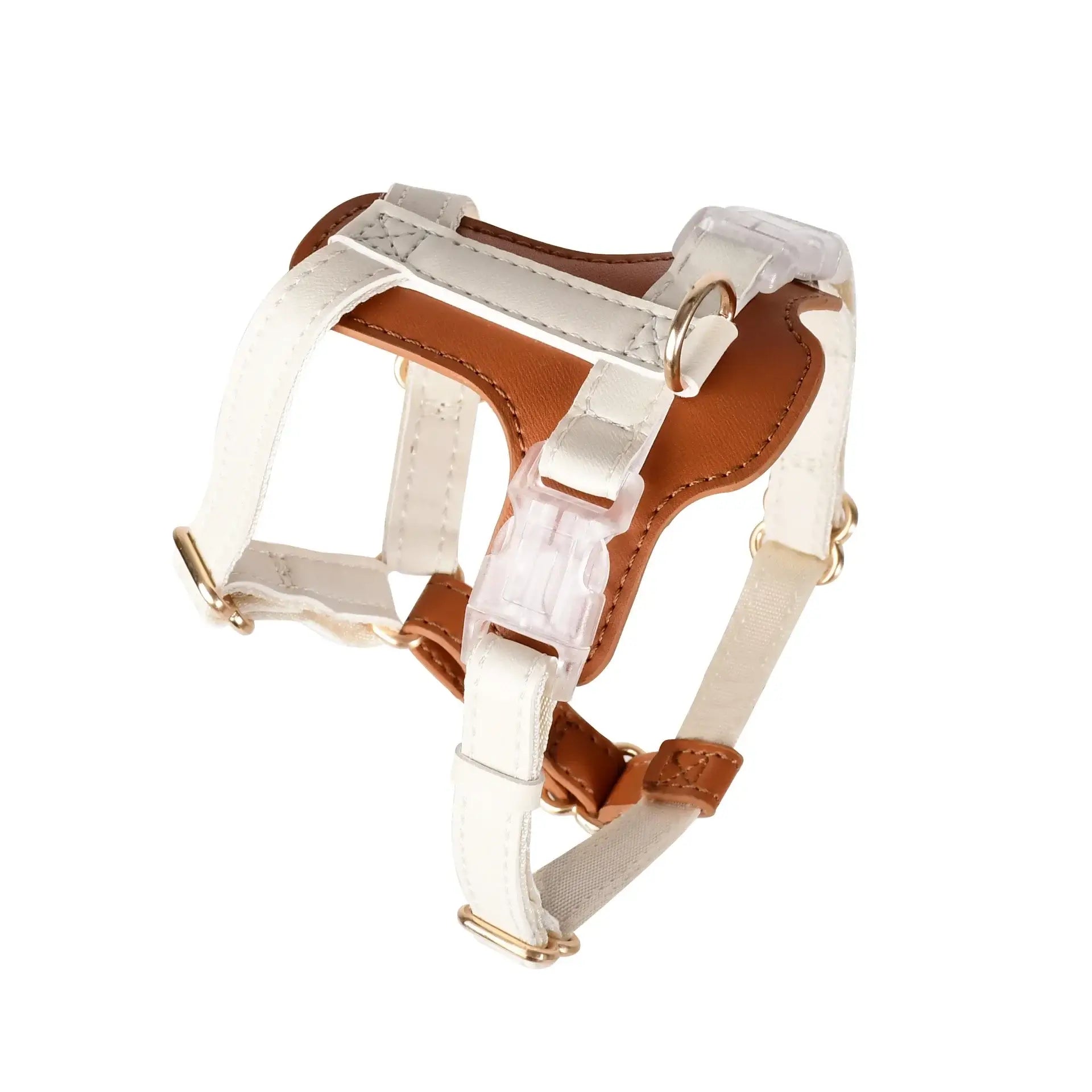 Anti-lost cat leather harness in brown and white, designed for comfort and safety during outdoor adventures.