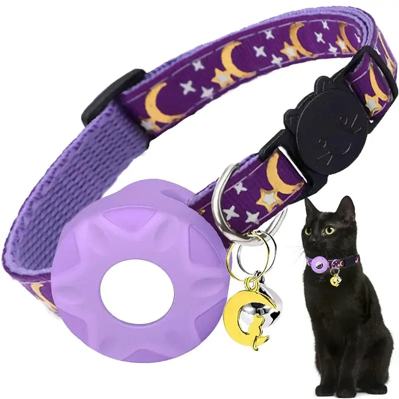 Apple Tag Pet Collar with AirTag Holder & Moon Ornament for Kitten Collar Girl Boy Cats, Small Dog Collar Kitten Accessories