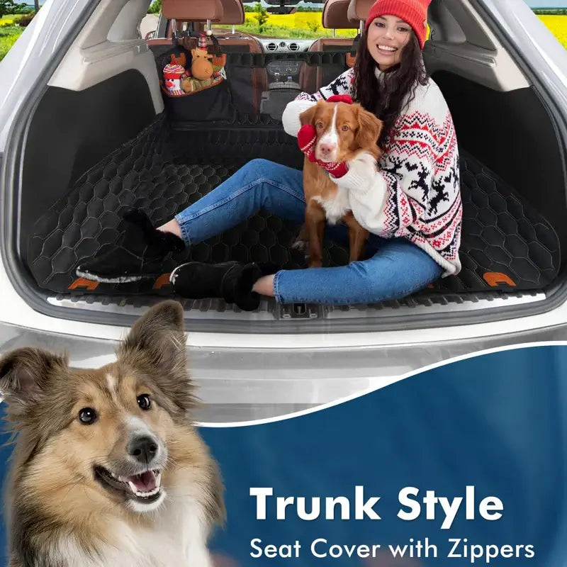 Woman with a dog sitting on a trunk-style seat cover with zippers in a car, designed for pet protection and comfort.