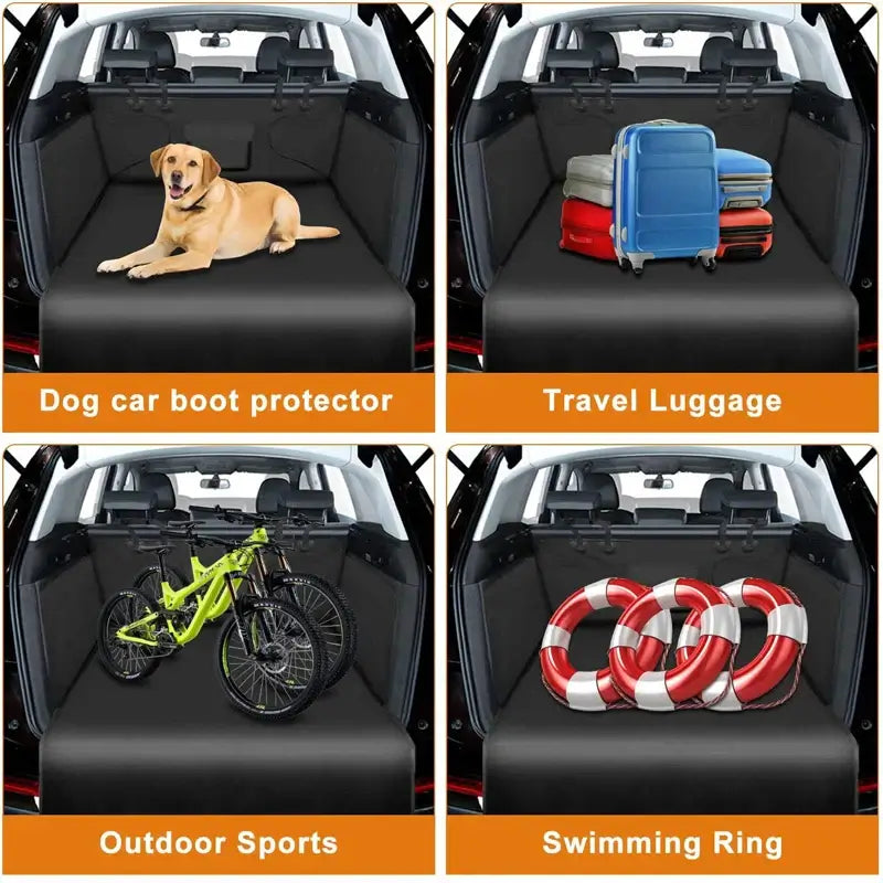 Dog trunk cover mat showcasing pet protection, travel luggage, outdoor sports gear, and swimming ring.