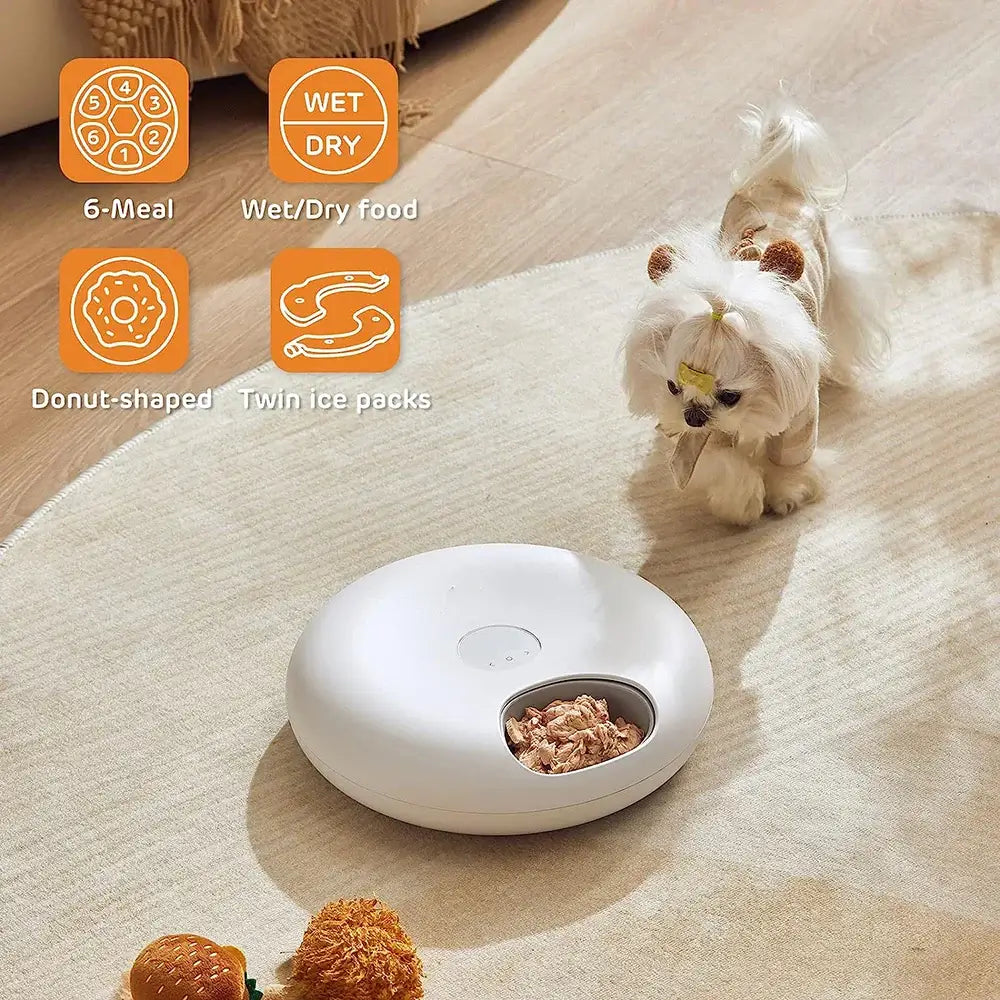 WiFi Smart Pet Feeder with donut shape, designed for wet/dry food, featured with 6-meal portion control and ice packs.