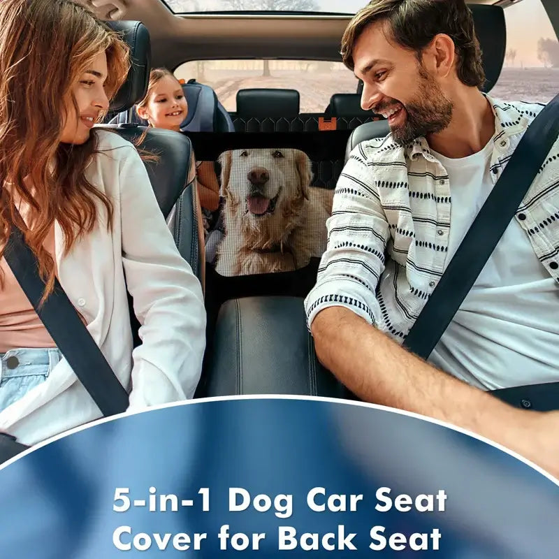 Family enjoying a car ride with a dog, showcasing a 5-in-1 waterproof dog car seat cover in the back seat.