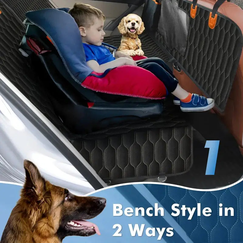Child sitting in a car with a 5-in-1 waterproof dog car seat cover in bench style, featuring a small dog nearby.