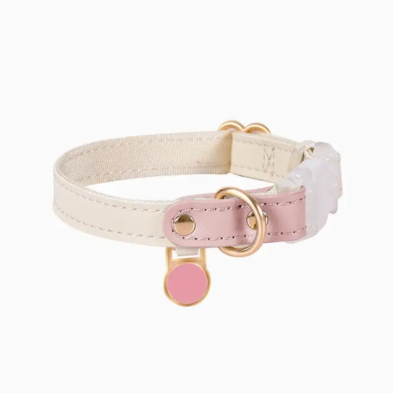 Customizable leather cat harness with pink accents and nameplate for personalization.