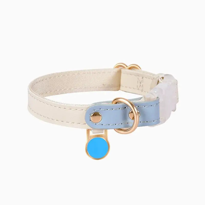 Elegant beige and blue cat collar with adjustable design and blue name tag for personalization.