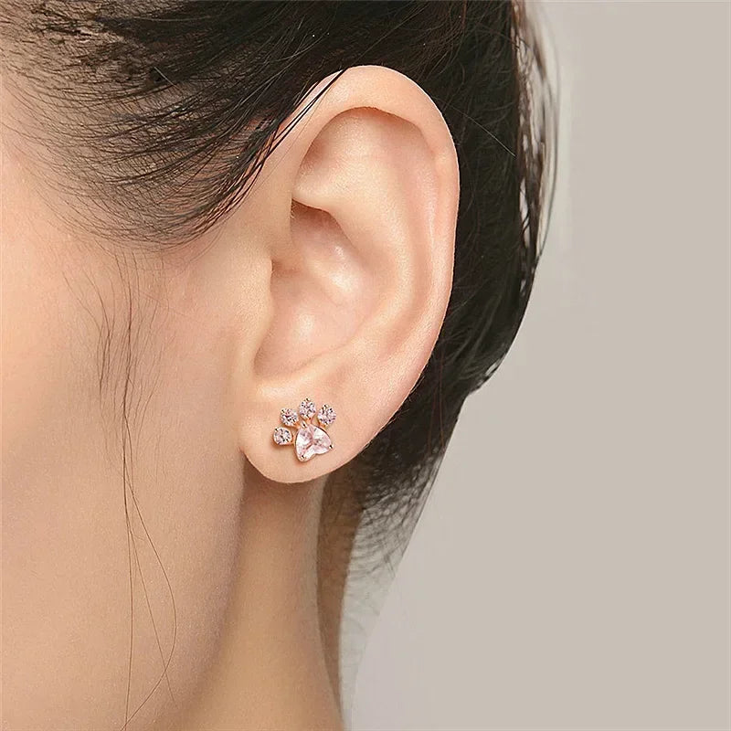 Charming Zircon Paw Stud Earrings for Pet Lovers