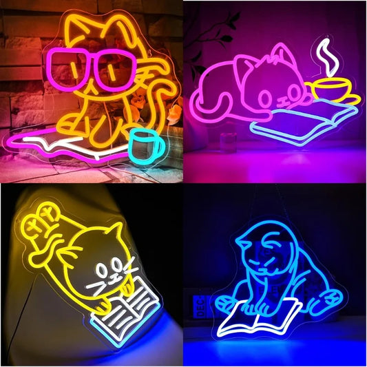 Charming Cat Reading Neon Sign - Perfect Wall Decor