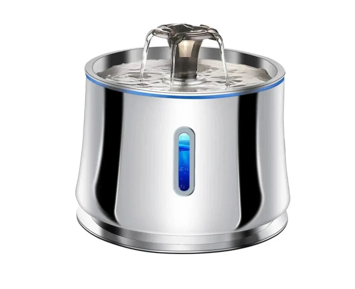 Stainless steel pet water fountain with flowing water, designed for hydration and easy cleaning. Perfect for pets.