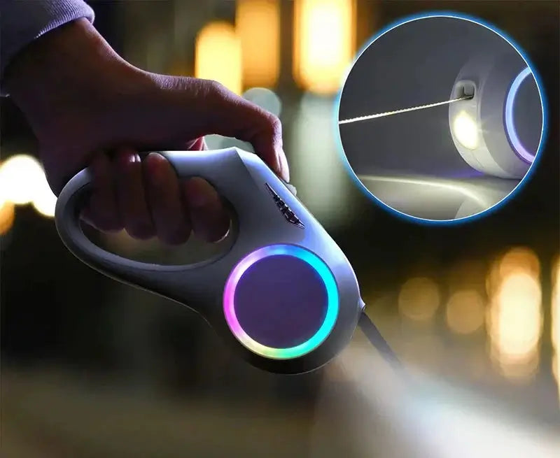LED retractable dog leash in use, featuring a colorful light system for visibility during walks.