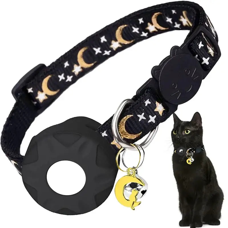 Apple Tag Pet Collar with AirTag Holder & Moon Ornament for Kitten Collar Girl Boy Cats, Small Dog Collar Kitten Accessories