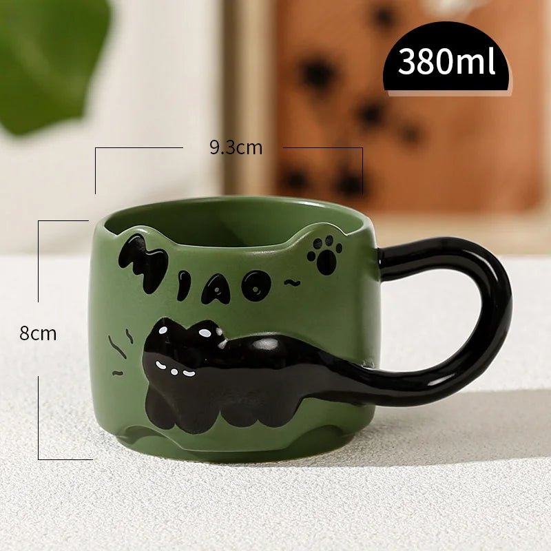 Vintage Cat Ceramic Breakfast Cup, 380ml Stacked Mug Cute Dormitory Coffee Home Drinking Cup Birthday Gift Drinkware