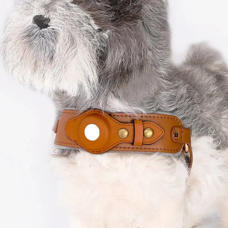 Anti-Lost dog harness with Airtag holder, crafted from premium PU leather for comfort and durability.