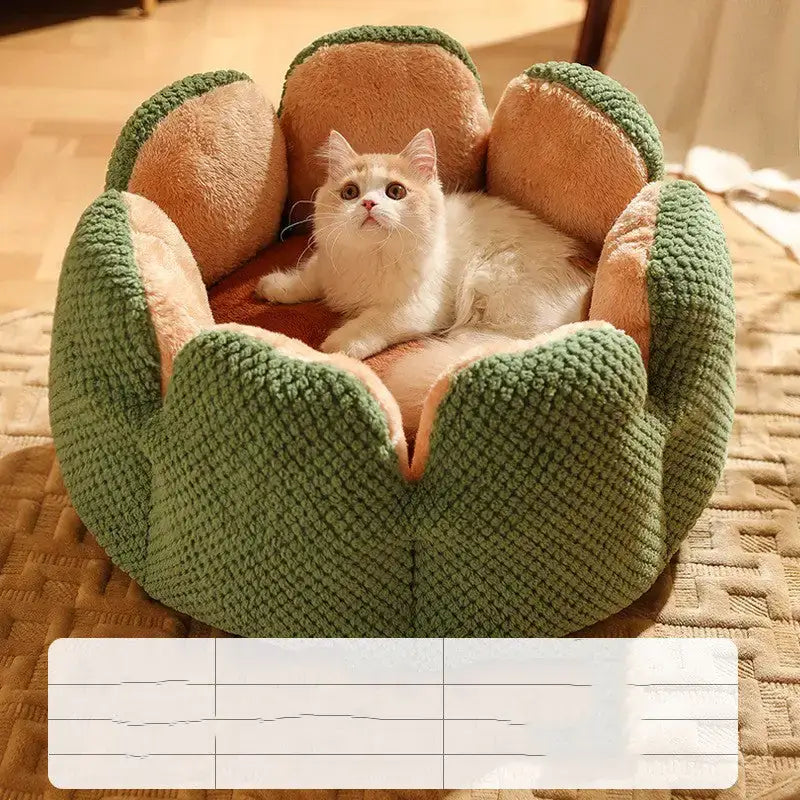 Cat lounging in a Cactus Petal Pet Nest by Littlepawgive, showcasing plush comfort and cozy design for restful sleep.