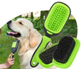Load image into Gallery viewer, Golden retriever being groomed with a green 5-in-1 grooming brush kit for dogs in a sunny outdoor setting.
