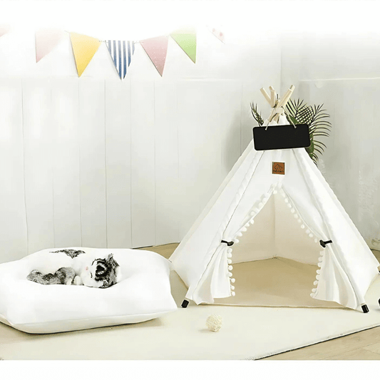 Littlepawgive Pet Teepee Tent Indoor Puppy House & Cat Bed beside fluffy pet bed with a small dog resting in stylish home decor.