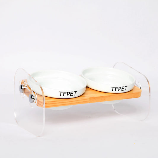Ceramic Pet Bowl with Anti-Spill Wood Stand