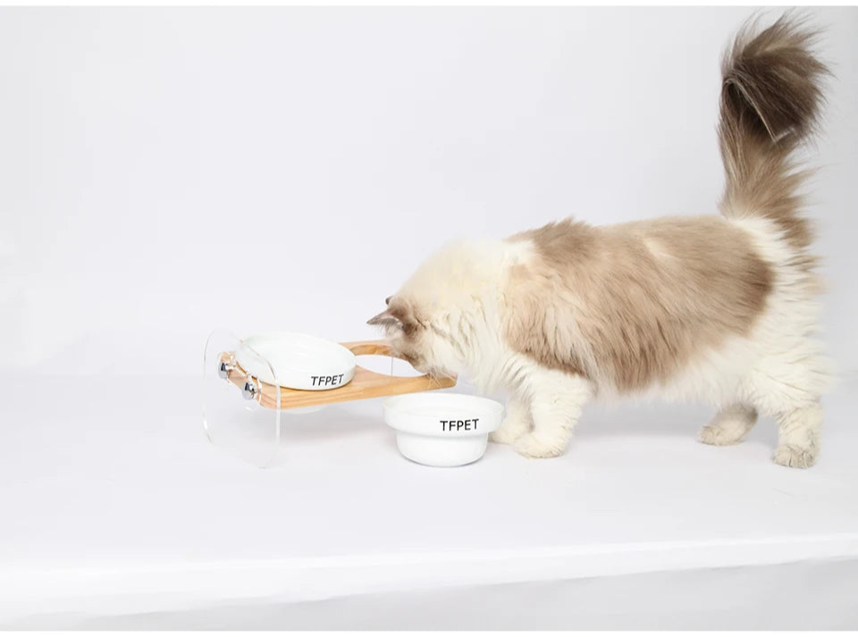 Ceramic Pet Bowl with Anti-Spill Wood Stand