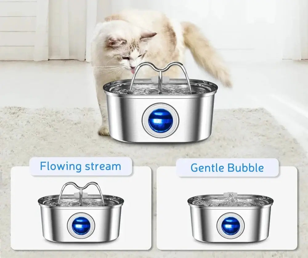 Stainless steel pet water fountain with flowing stream and gentle bubble features, enhancing pet hydration experience.
