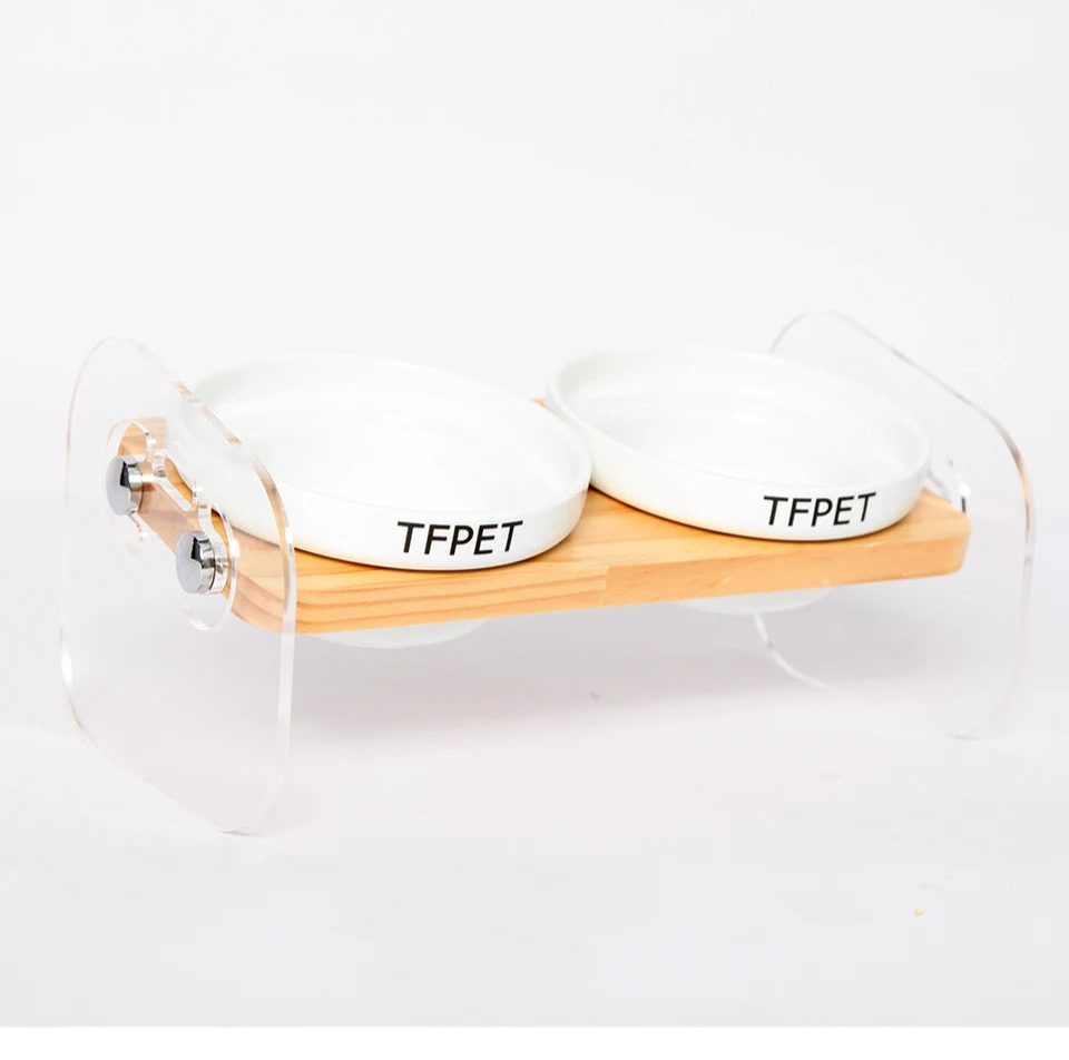 Ceramic Pet Bowl with Anti-Spill Wood Stand