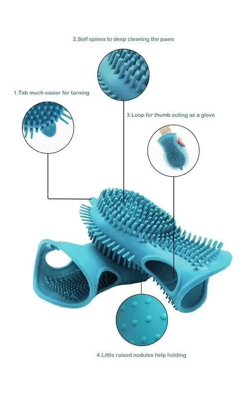 2-in-1 Dog Paw Cleaner and Grooming Brush features, highlighting soft spines, thumb loop, and raised nodules for easy use.