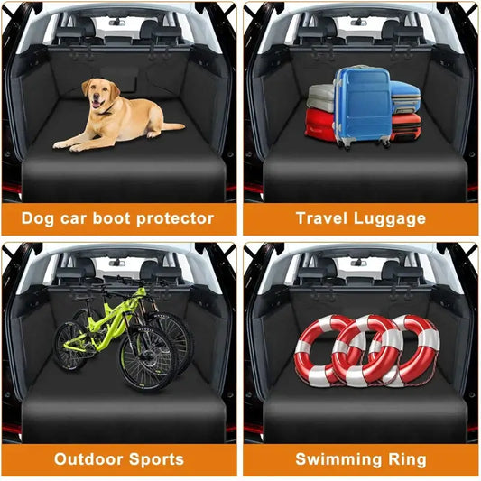 Dog trunk cover mat showcasing pet protection, travel luggage, outdoor sports gear, and swimming ring.
