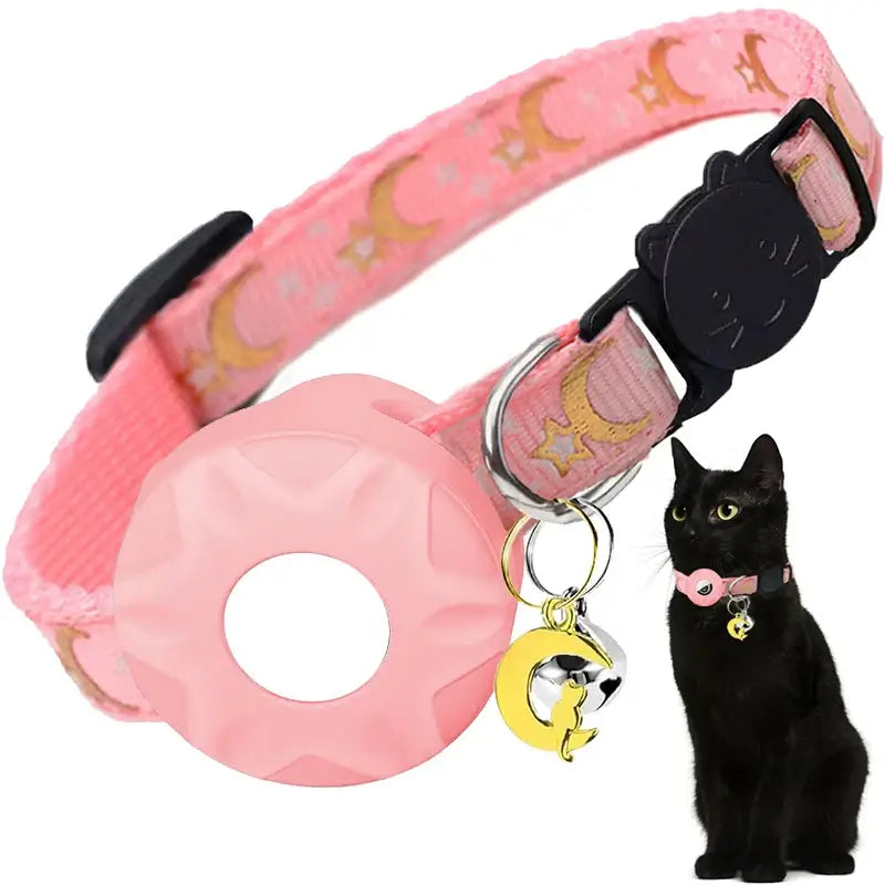 Apple Tag Pet Collar with AirTag Holder & Moon Ornament for Kitten Collar Girl Boy Cats, Small Dog Collar Kitten Accessories