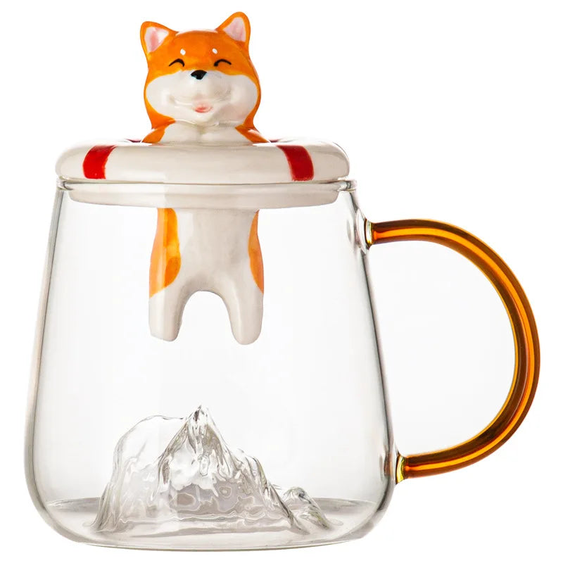 Adorable Shiba Inu Husky Glass Mug with Lid & Spoon
