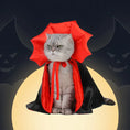 Load image into Gallery viewer, Cat wearing a vampire cloak pet costume, featuring a black and red cape, perfect for Halloween cosplay.
