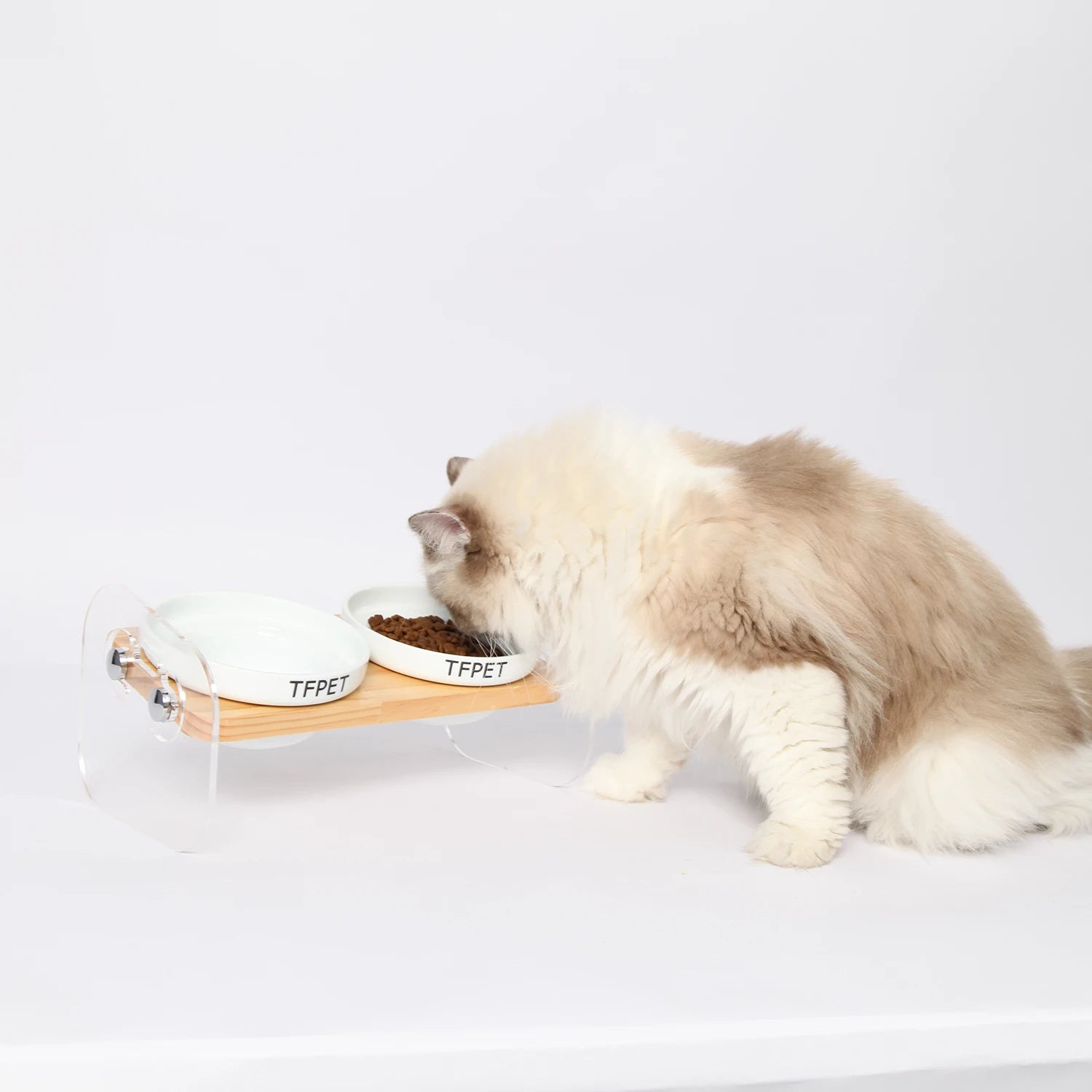 Ceramic Pet Bowl with Anti-Spill Wood Stand