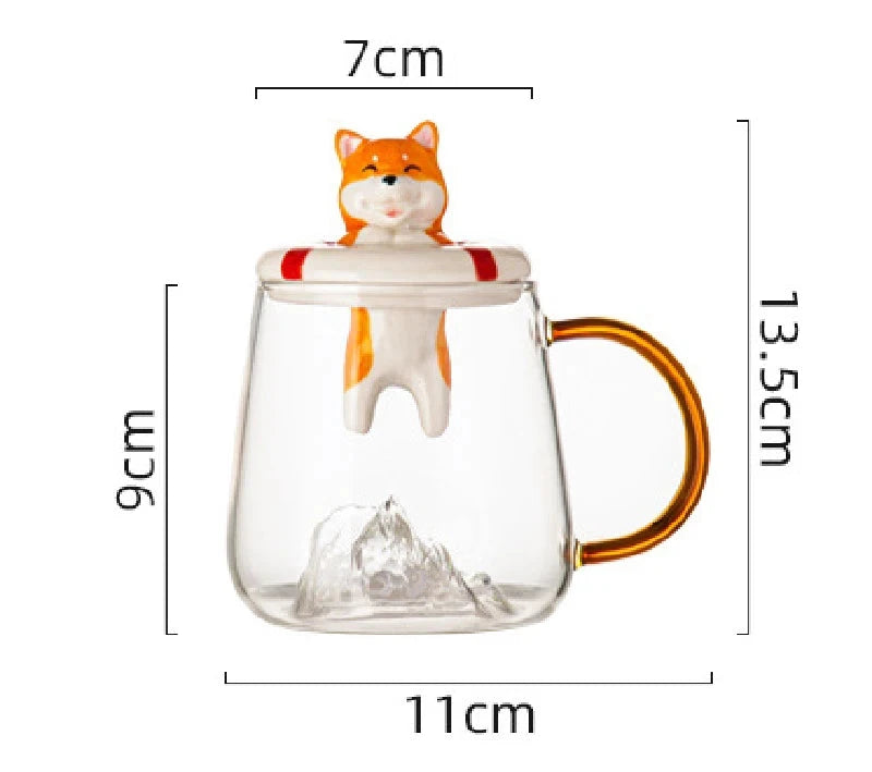 Adorable Shiba Inu Husky Glass Mug with Lid & Spoon